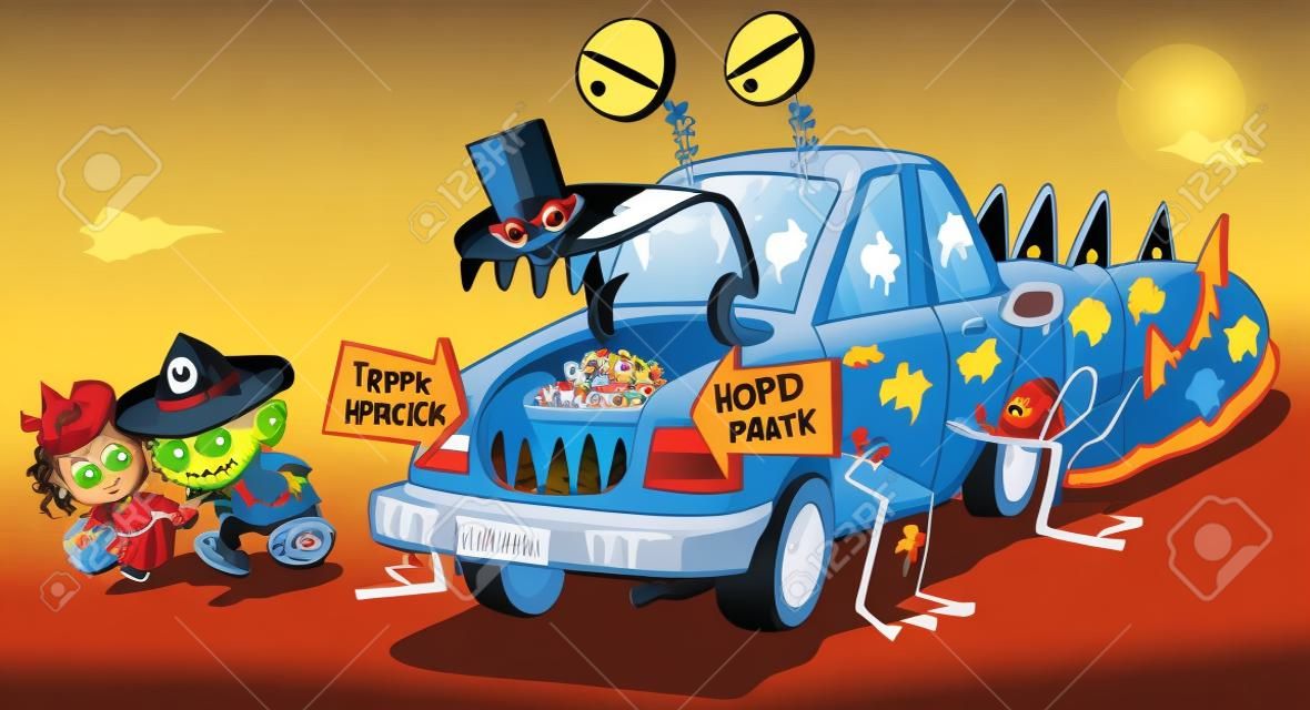 2 つのベクター クリップ アート漫画子供の用心原型車トランク ・ オア ・ トリート イベント ハロウィーンの装飾。車は不用心な子供を食べるモンスターのように飾られています。