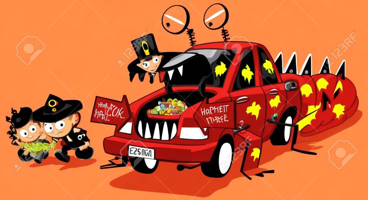 A vector clip art cartoon of two kids warily approching a car decorated for a trunk or treat event on Halloween. The car is decorated to look like a monster that eats unwary children.