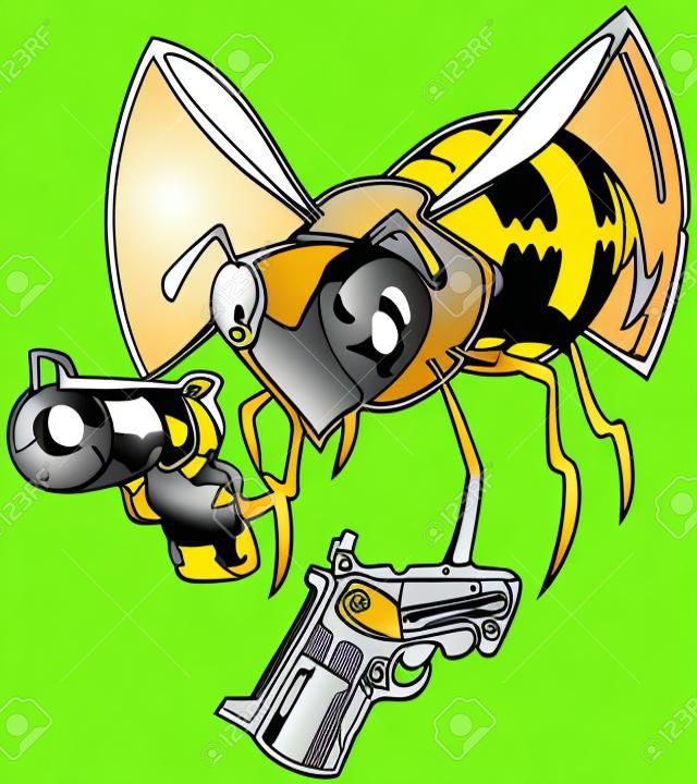 Vector cartoon clip art illustration of a wasp or bee brandishing two pistols or guns.
