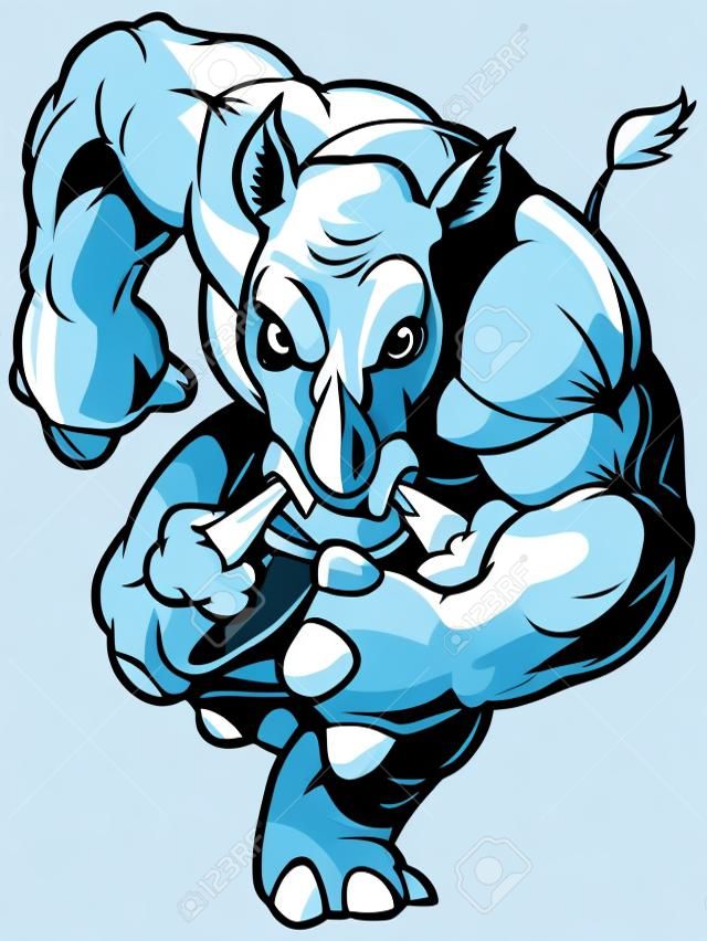 Vector Cartoon Clip Art Illustration of an Anthropomorphic Mascot Rhino or Rhinoceros Charging Foreward