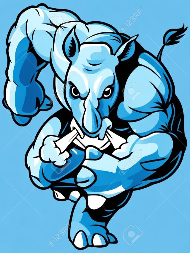Vector Cartoon Clip Art Ilustração de um mascote antropomórfico Rhino ou Rhinoceros Charging Foreward
