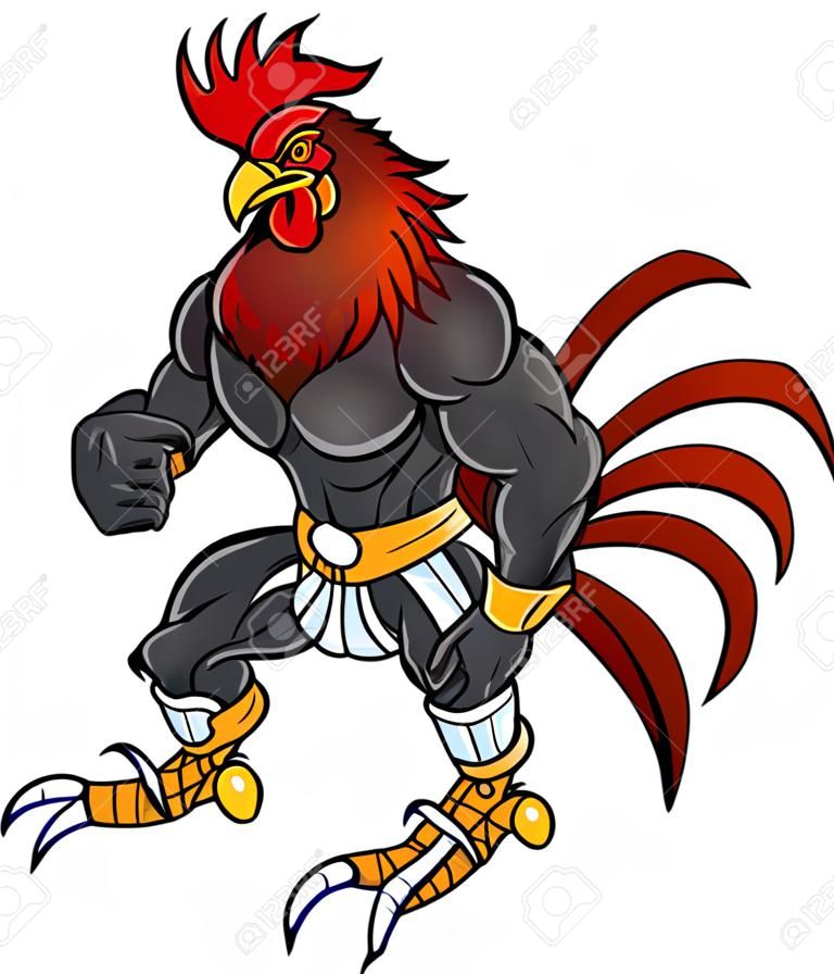 憤怒的肌肉公雞或鬥雞或雄雞吉祥物與馬刺和現實頭矢量卡通剪貼畫插圖。