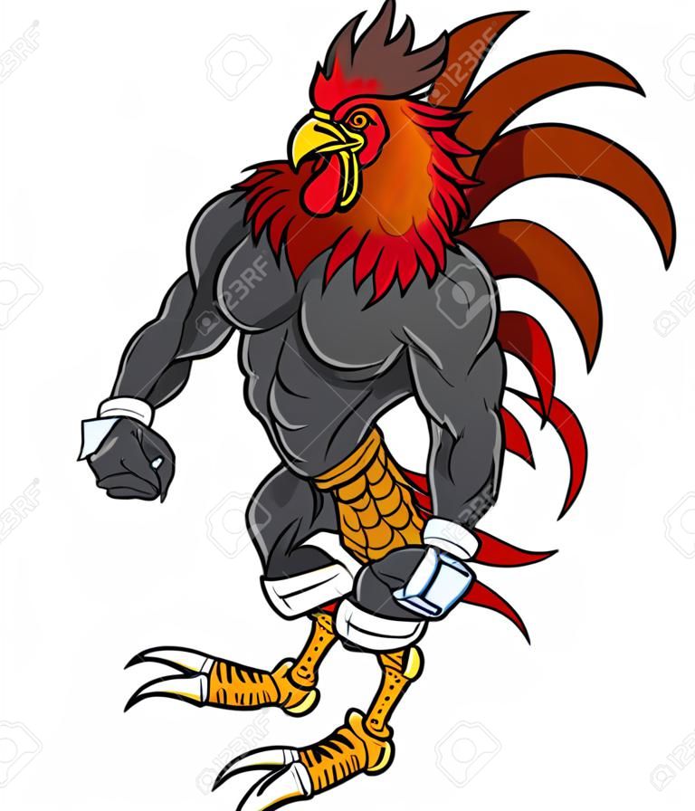 憤怒的肌肉公雞或鬥雞或雄雞吉祥物與馬刺和現實頭矢量卡通剪貼畫插圖。