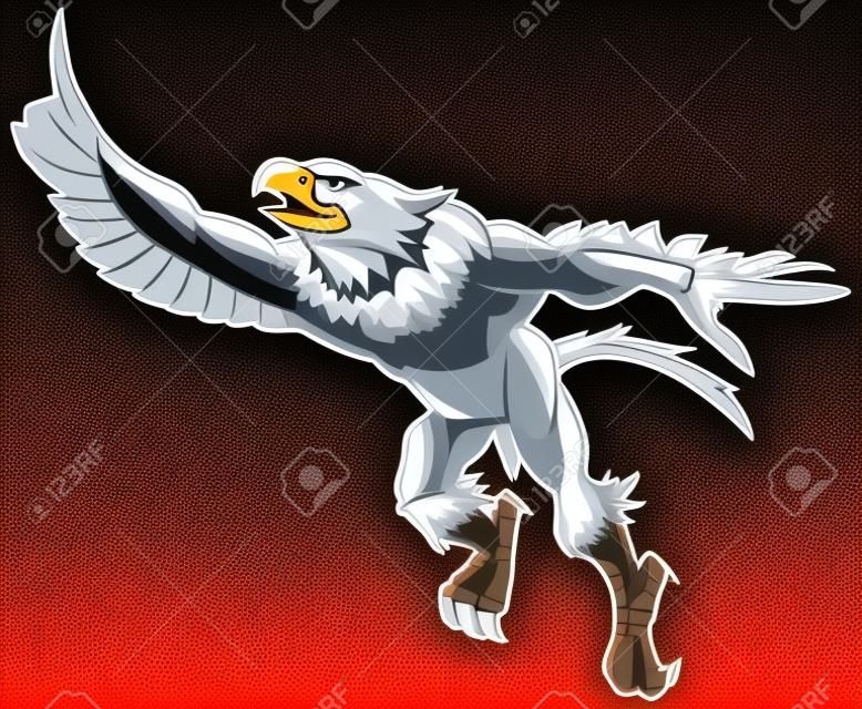 Vector cartoon clip art illustration of a tough muscular bald eagle mascot leaping or flying forward while throwing the number one hand gesture.