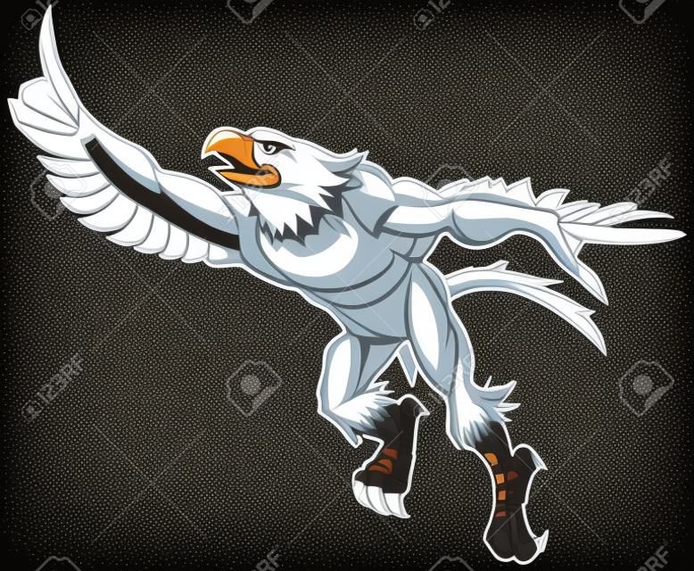 Vector cartoon clip art illustration of a tough muscular bald eagle mascot leaping or flying forward while throwing the number one hand gesture.