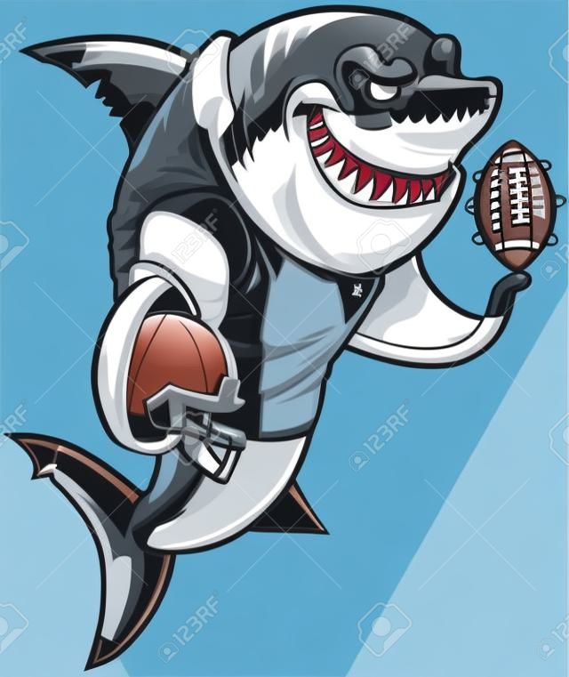 Vector de dibujos animados ilustración del arte de clip de un sonriente media mascota tiburón dura que llevaba un uniforme de fútbol y los cojines mientras sostiene un casco y fútbol. Accesorios personalizables son en una capa separada en el archivo vectorial.