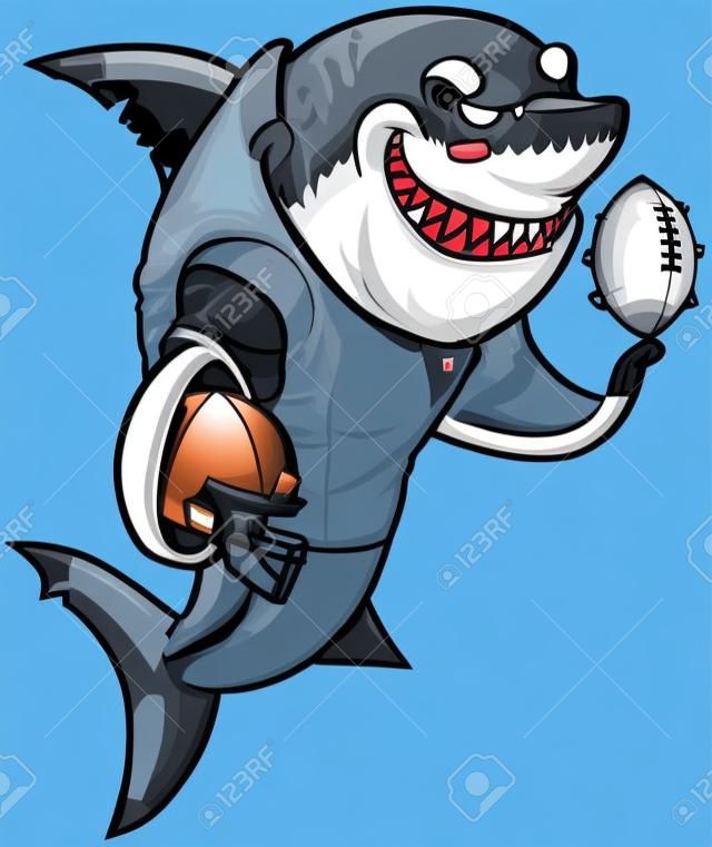 Vector de dibujos animados ilustración del arte de clip de un sonriente media mascota tiburón dura que llevaba un uniforme de fútbol y los cojines mientras sostiene un casco y fútbol. Accesorios personalizables son en una capa separada en el archivo vectorial.