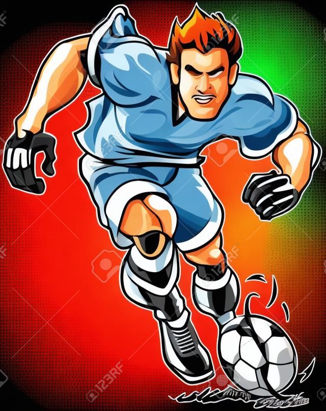 Vector cartoon clip art illustration of a tough, mean, determined soccer or football player dribbling the ball forward. Color and Uniform elements are on separate layers in vector file for easy custom changes.