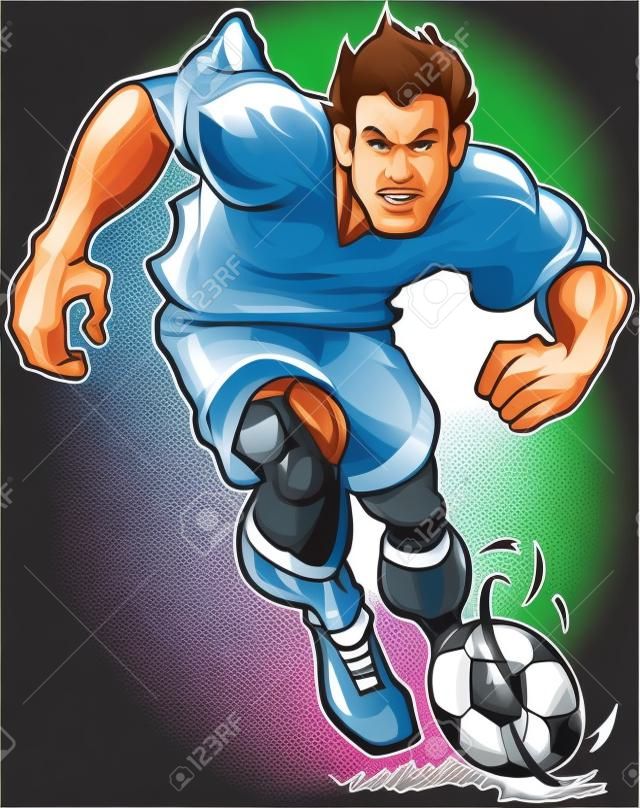 Vector cartoon clip art illustration of a tough, mean, determined soccer or football player dribbling the ball forward. Color and Uniform elements are on separate layers in vector file for easy custom changes.