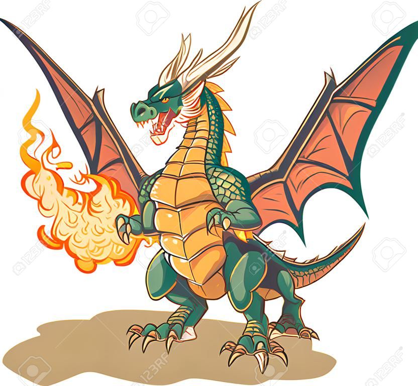 Vector cartoon clip kunst illustratie van een gespierde draak mascotte ademend vuur met vleugels verspreid. Het vuur is op een aparte laag voor gemakkelijk bewerken.