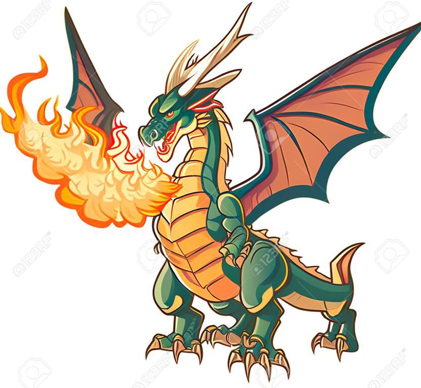 Vector cartoon clip kunst illustratie van een gespierde draak mascotte ademend vuur met vleugels verspreid. Het vuur is op een aparte laag voor gemakkelijk bewerken.