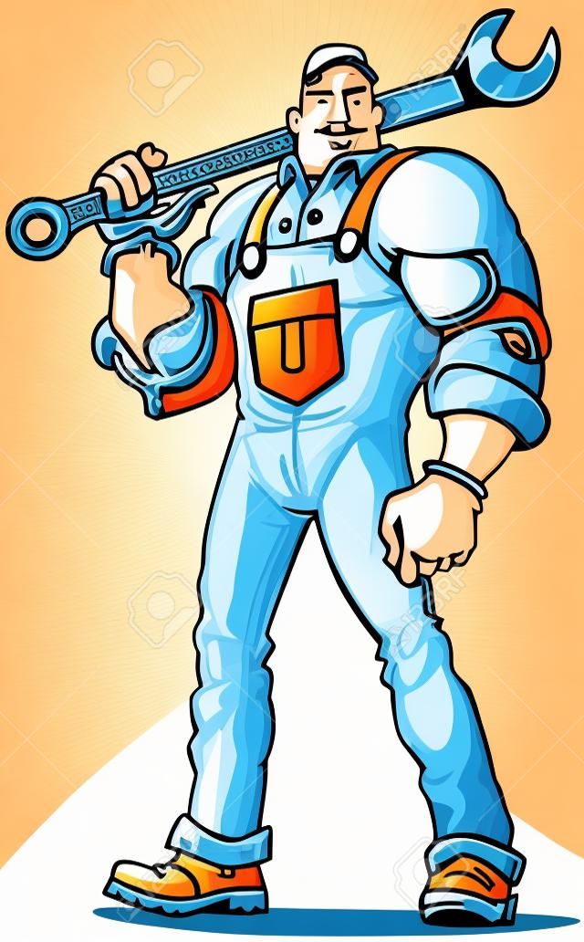 Vector Cartoon-Klipp-Kunst-Abbildung eines großen hart aussehende Mechaniker oder Ingenieur (oder andere Art von Heimwerker) mit einem Schraubenschlüssel.