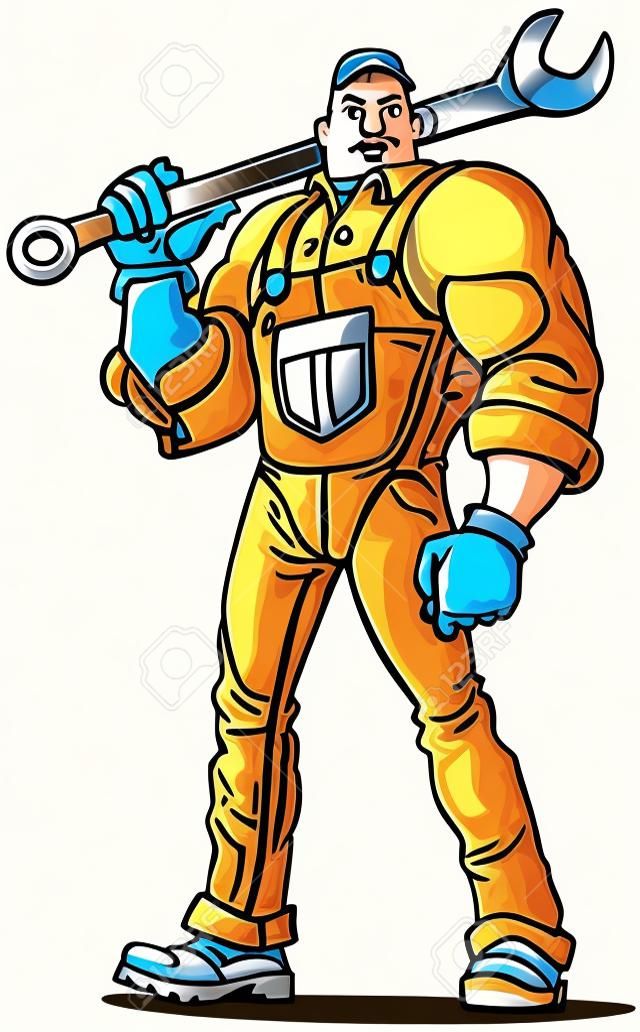 Vector Cartoon-Klipp-Kunst-Abbildung eines großen hart aussehende Mechaniker oder Ingenieur (oder andere Art von Heimwerker) mit einem Schraubenschlüssel.