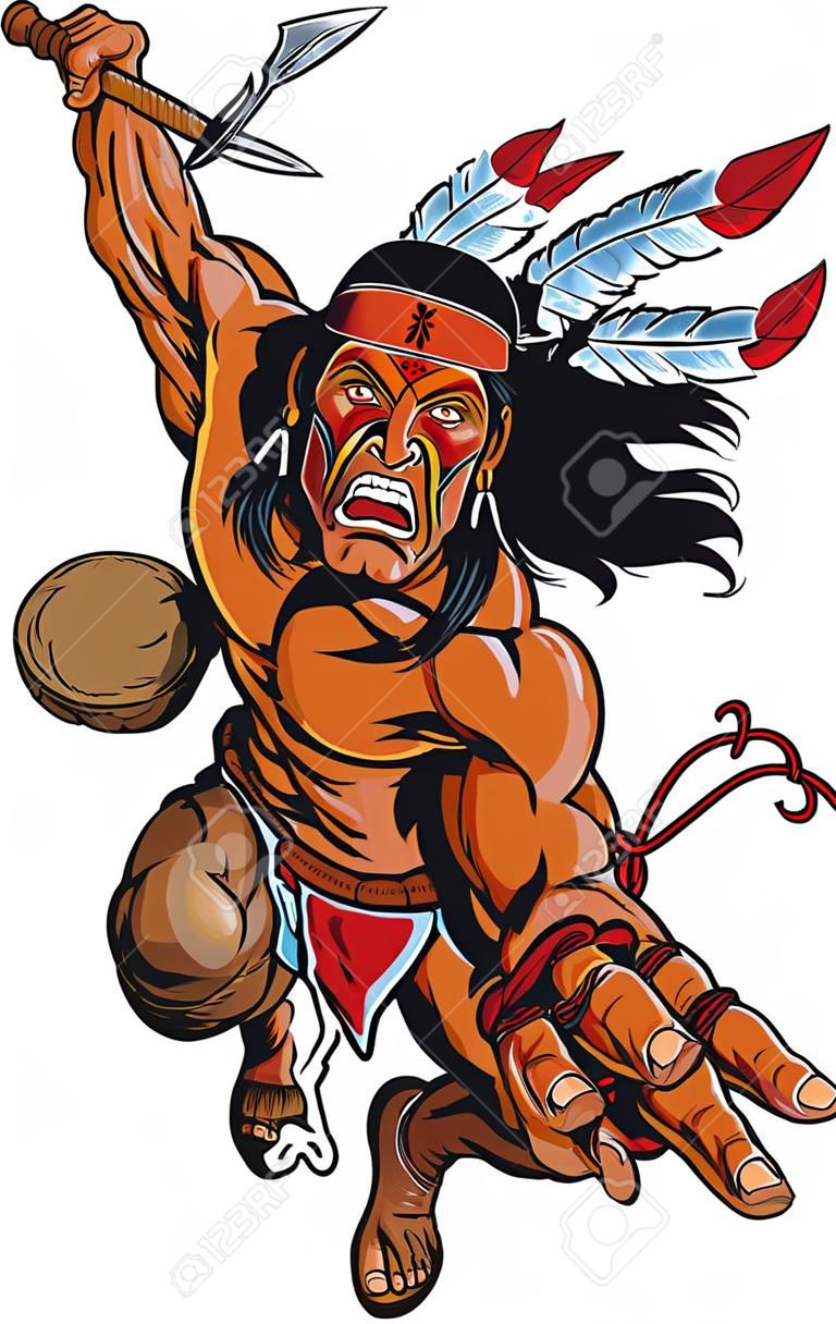 Ilustração vetorial de um guerreiro nativo americano Apache ou bravo saltando em direção ao espectador e atacando com um tomahawk.