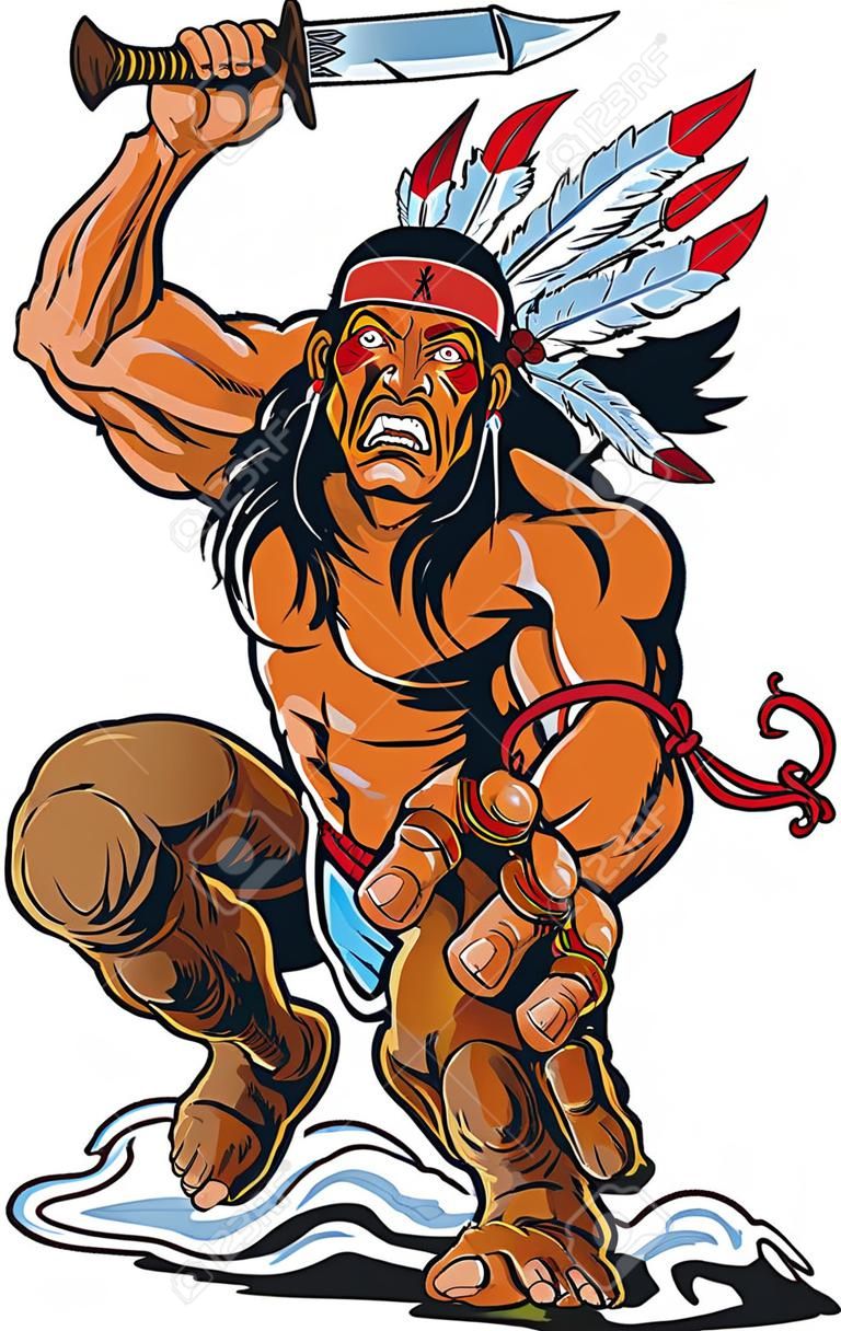 Vector cartoon clip art illustration of an Apache Native American warrior or brave leaping toward the viewer and attacking with a tomahawk.