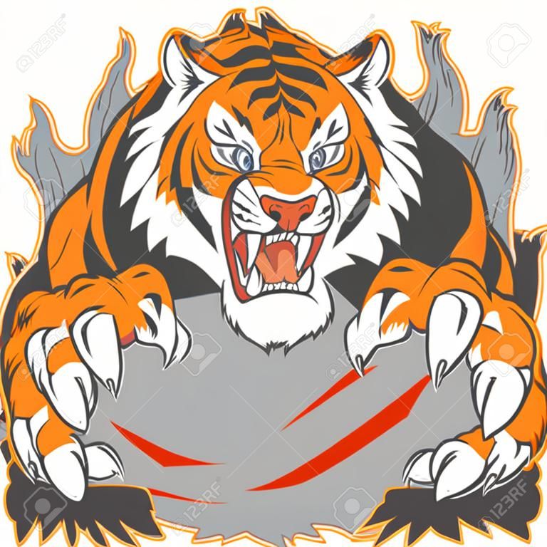 Cartoon Clip Art Illustration Vorlage eines Tigers Maskottchen zerreißt oder aus dem Hintergrund krallt. Vector Schichten sind für die einfache Platzierung von benutzerdefinierten Design-Elemente unter den Pfoten und Klauenspuren eingerichtet.
