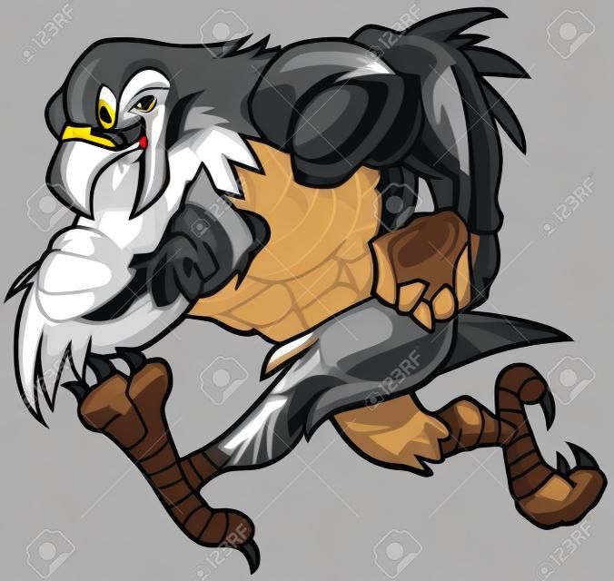 Vector cartoon clip art vue latérale illustration d'un dur faucon musculaire, le faucon ou l'aigle mascotte en cours d'exécution.