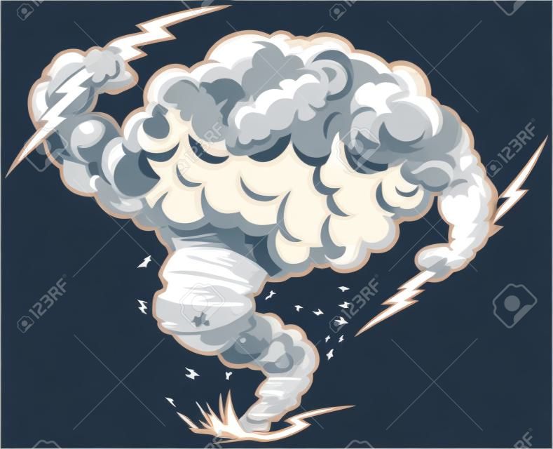 矢量卡通夹一个强硬的雷雨云或风暴云的吉祥物与闪电和龙卷风的漏斗踢了灰尘和碎片的插图艺术