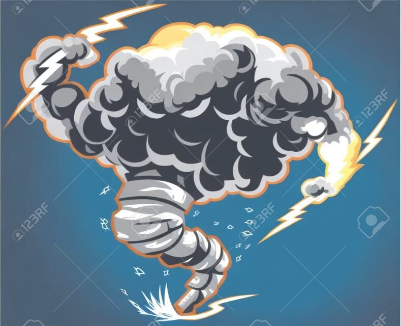 矢量卡通夹一个强硬的雷雨云或风暴云的吉祥物与闪电和龙卷风的漏斗踢了灰尘和碎片的插图艺术