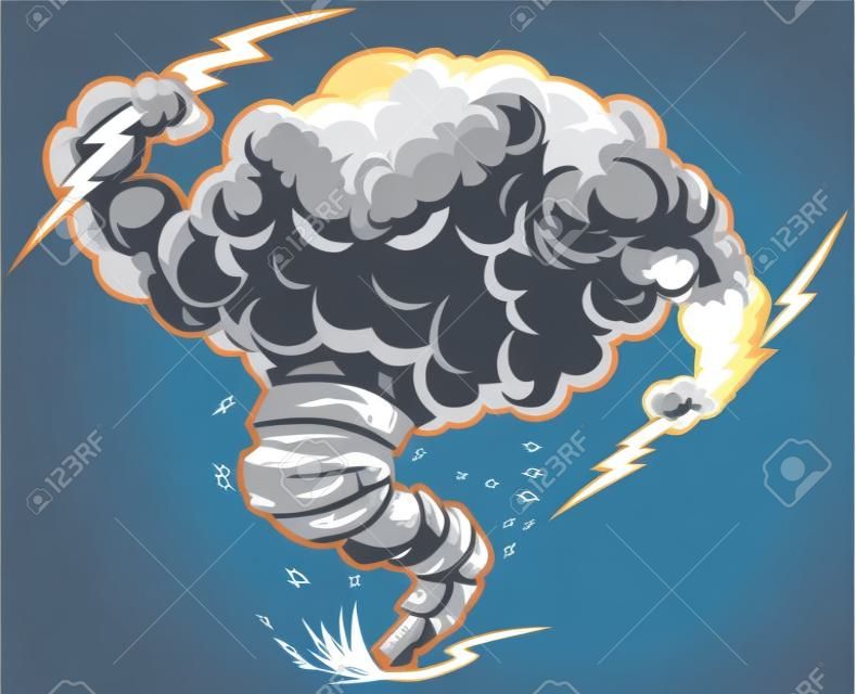 Vector cartoon clip art illustrazione di un duro nube temporalesca o nube di tempesta mascotte con fulmini e un imbuto tornado sollevando polvere e detriti.