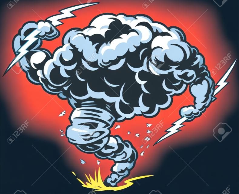 Vector cartoon clipart ilustracj? Trudne thundercloud lub burza chmura maskotka z piorunami i tornado lejka kopa kurz i zanieczyszczenia.