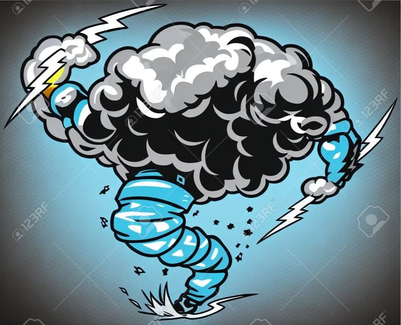 Vector cartoon clip art illustrazione di un duro nube temporalesca o nube di tempesta mascotte con fulmini e un imbuto tornado sollevando polvere e detriti.