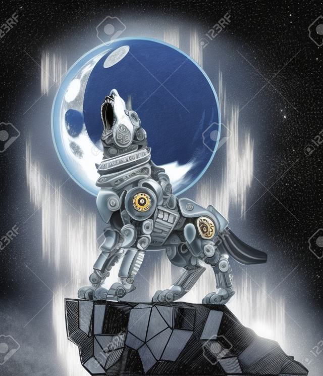 rajzfilm klip art illusztráció egy mechanikus robot farkas sorolófülek vagy üvöltés a hold állva egy szikláról.