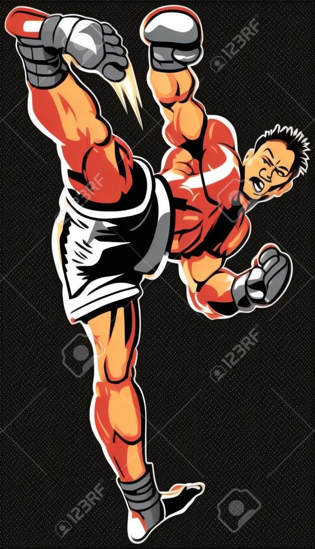 Vector cartoon clip art illustration of a kickboxer executing a high side kick toward the viewer.