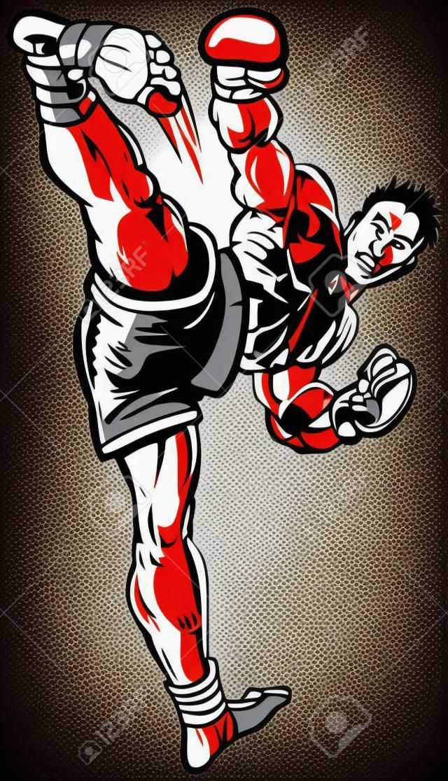 Wektor kreskówki clipart ilustracja kickboxer wykonującego wysokie kopnięcie boczne w kierunku widza.