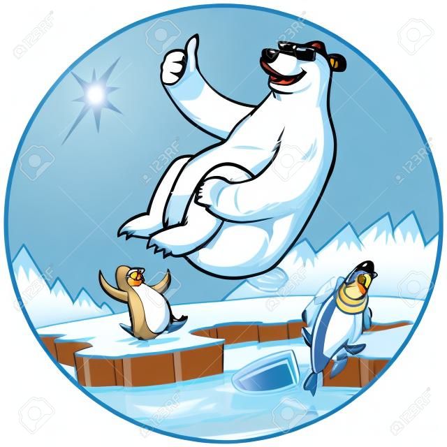 Wektor kreskówka clipartów ilustracja kreskówka maskotka ładny zabawny niedźwiedź polarny, dając kciuki do góry podczas nurkowania kulą armatnią. Pingwiny patrzą na zimnym tle Arktyki. Jeden pingwin zanurza palec u nogi w wodzie i ma dreszcze. Każda postać ma okulary przeciwsłoneczne.