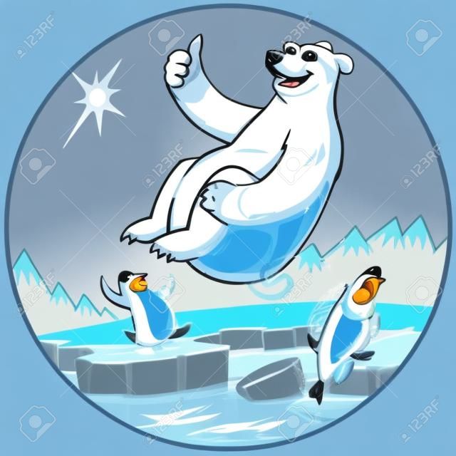 대포 뛰어 들고있는 동안 엄지 손가락을 포기하는 귀여운 재미 북극곰 마스코트의 벡터 만화 클립 아트 그림. 펭귄은 차가운 북극 배경에서 본다. 한 펭귄이 물에 발을 담그고 떨었다. 각 캐릭터에는 선글라스가 있습니다.