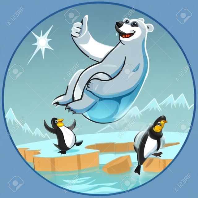 Vector cartoon clip art illustration of a cute funny polar bear mascot giving a thumbs up while doing a cannonball plunge. Penguins watch from a cold Arctic background. One penguin dips his toe in the water and shivers. Each character has sunglasses.