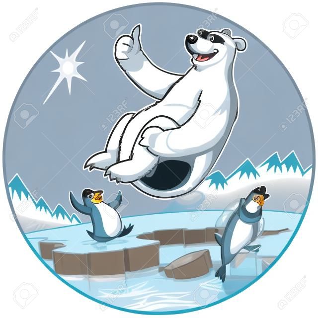 Векторная иллюстрация мультяшного клипа милого забавного талисмана белого медведя показывает палец вверх во время прыжка с пушечным ядром. Пингвины смотрят с холодного арктического фона. Один пингвин опускает палец ноги в воду и дрожит. У каждого персонажа есть солнцезащитные очки.