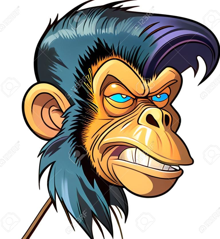 Vector cartoon clip art illustration of a tough mean chimpanzee monkey mascot head with blue eyes, a toothpick, and a hipster or greaser hair style with sideburns.