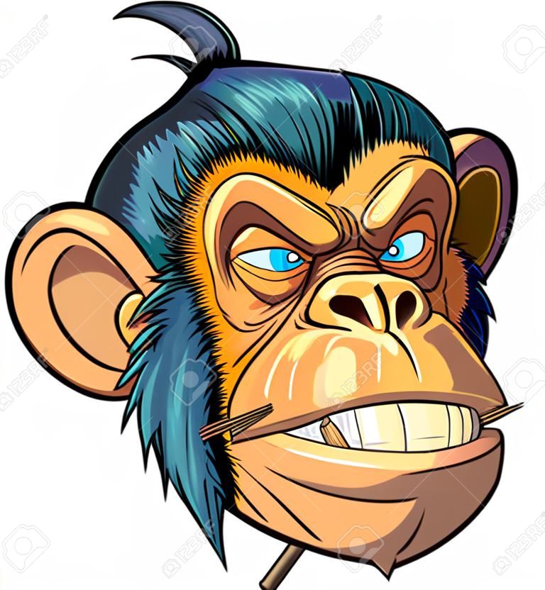 Mavi gözlü, bir kürdan ve favorileri olan bir hipster ya da yağlı saç stili ile sert bir ortalama şempanze maymun maskot kafasının vektör karikatür klip sanat illüstrasyonu.