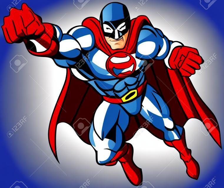 Wektor clipart ilustracja kreskówka muskularny mężczyzna superbohatera w masce i pelerynie w patriotycznych czerwonych kolorach białym i niebieskim.