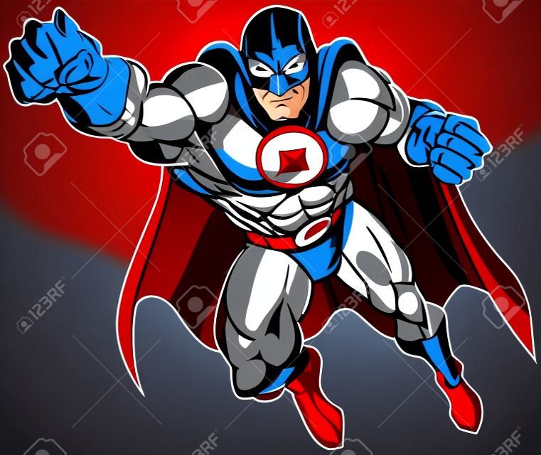 Wektor clipart ilustracja kreskówka muskularny mężczyzna superbohatera w masce i pelerynie w patriotycznych czerwonych kolorach białym i niebieskim.