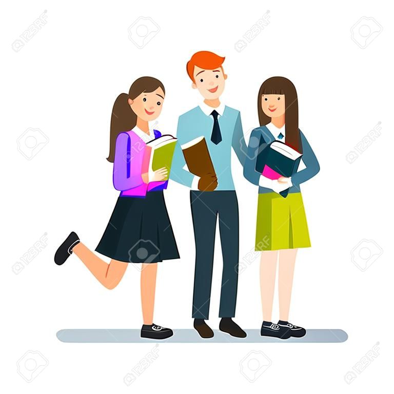 il gruppo dei bambini di scuola con i libri in mano o studente posa isolato in bianco