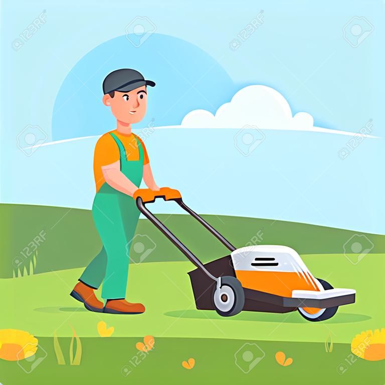 芝刈り機を持つ庭師