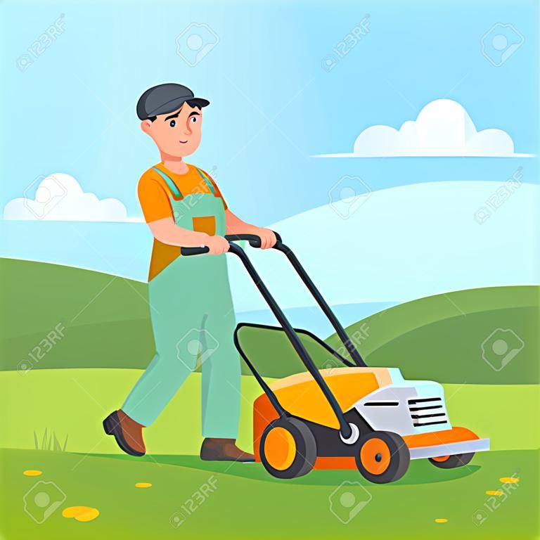 芝刈り機を持つ庭師