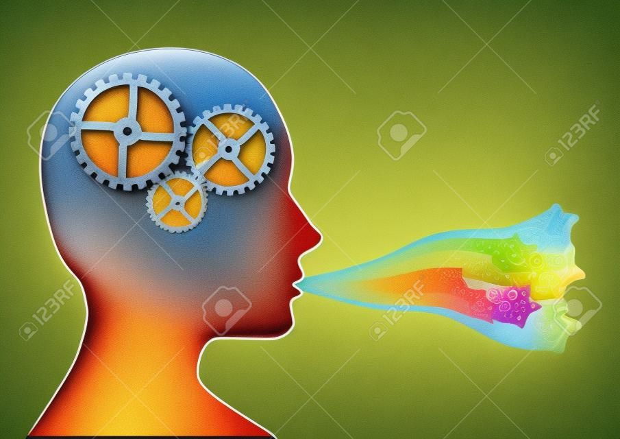 Concept illustration depicting cogs working in the brain with the mouth speaking creatively.