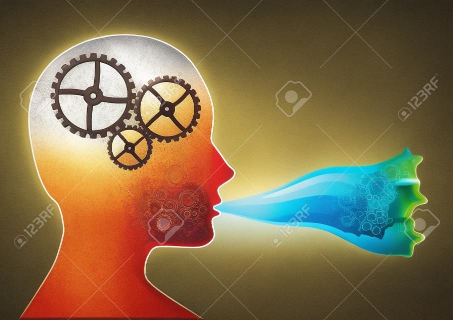Concept illustration depicting cogs working in the brain with the mouth speaking creatively.