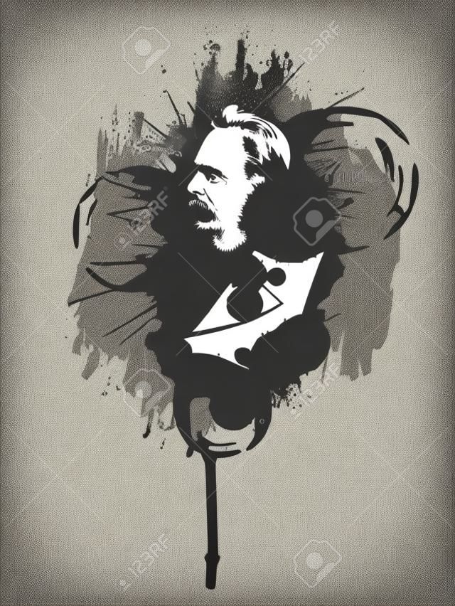 Vector illustration of the German philosopher Friedrich Nietzsche in grunge retro splatter style. Design element.