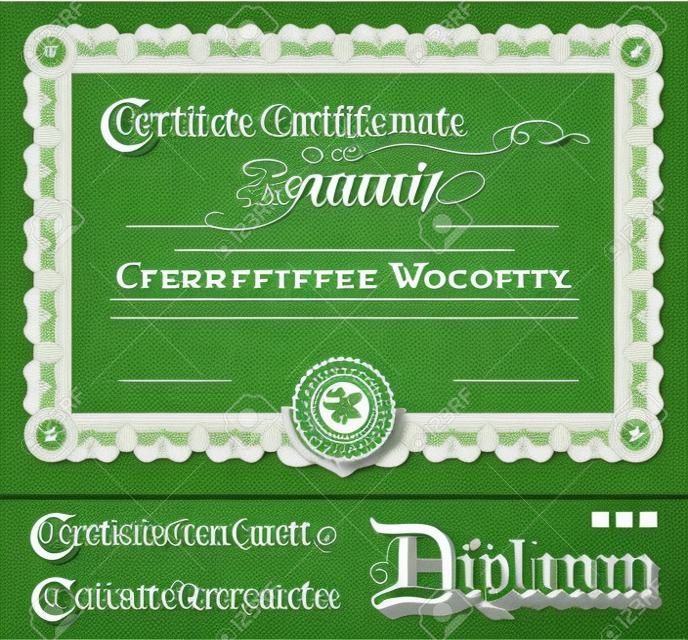 Green certificate template. Horizontal. Additional design elements.