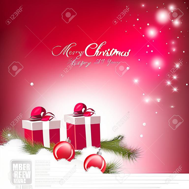 Red carte de voeux de Noël avec les coffrets cadeaux et des babioles dans la neige