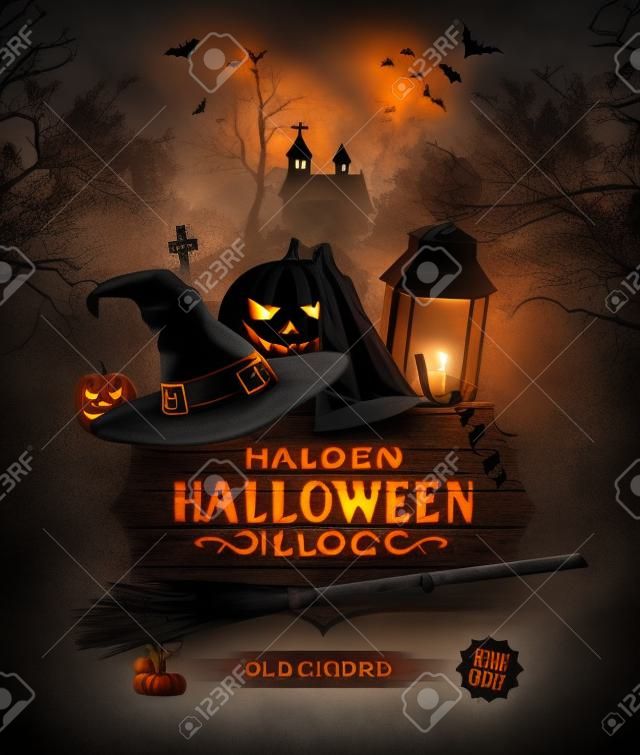 Modern Halloween party flyer with black lantern, lights and wooden sign in front of old church
