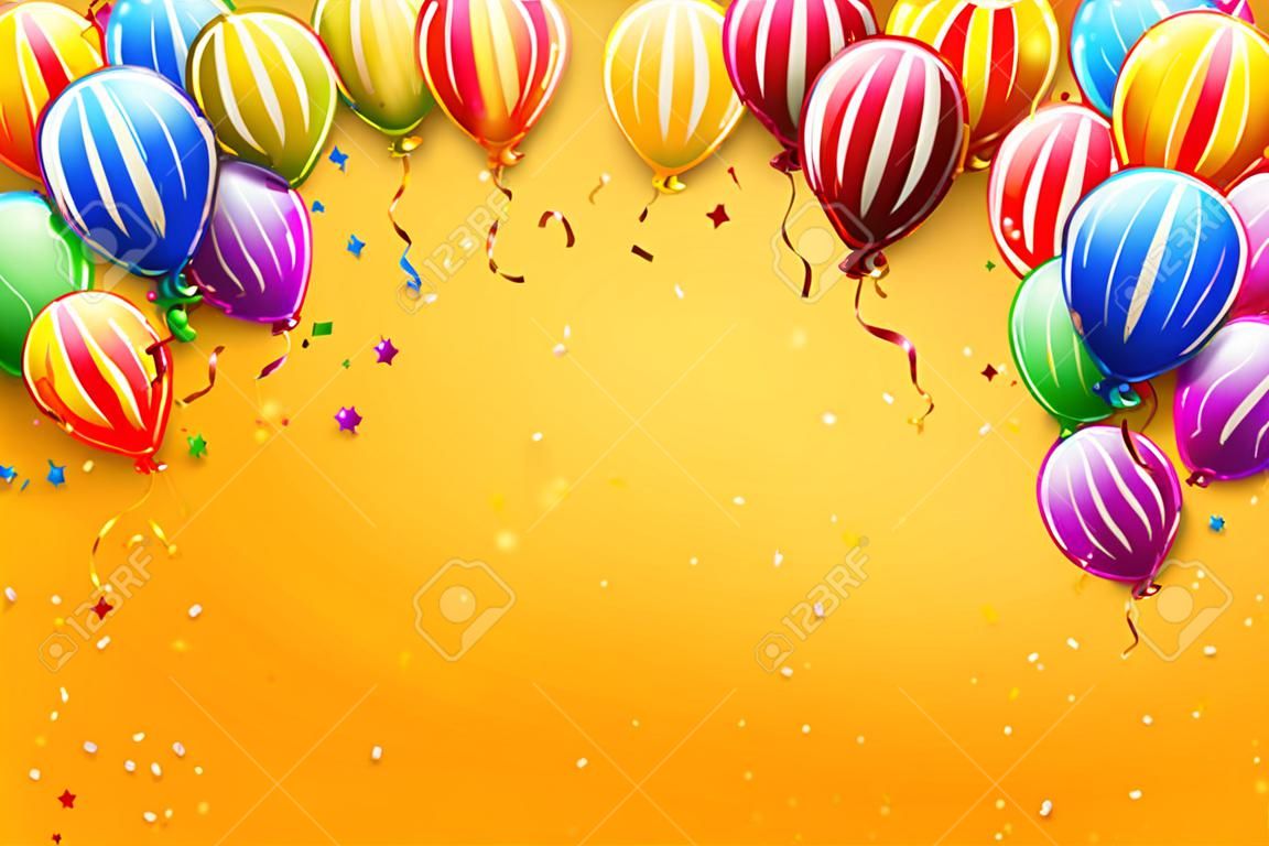 Balões de festa de luxo e confetes no fundo laranja. Modelo de convite de festa ou aniversário