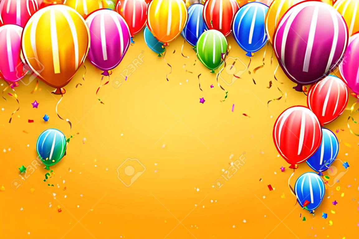 Luxe feestballonnen en confetti op oranje achtergrond. Feest of verjaardag uitnodiging sjabloon