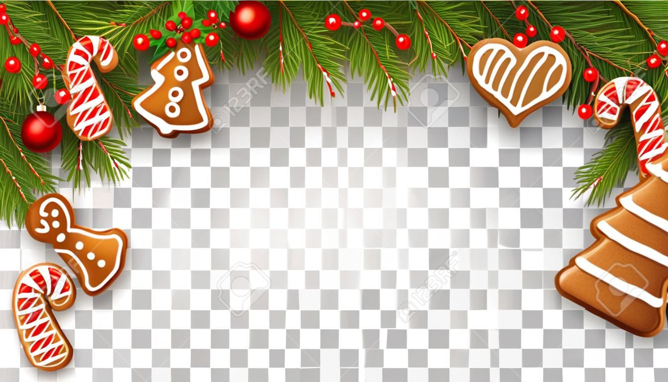 Borda de Natal com ramos de abeto, decorações tradicionais e pães de gengibre em fundo transparente