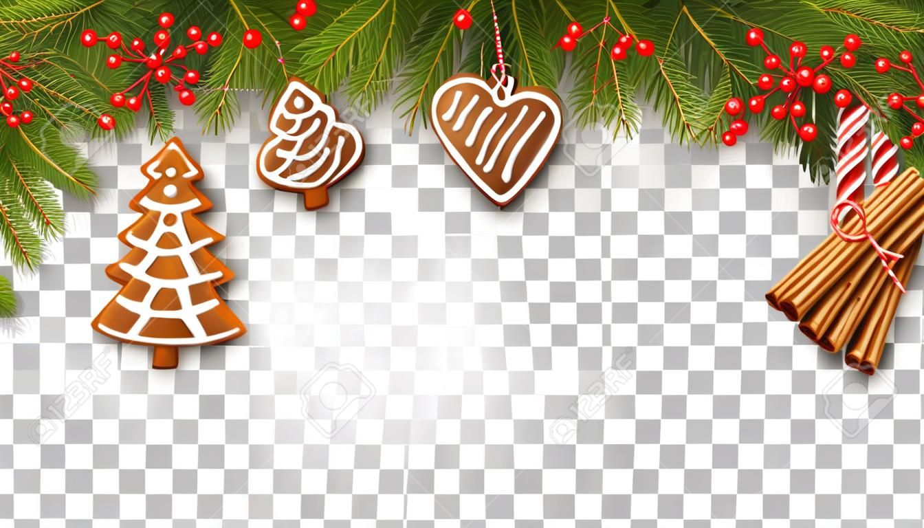 Christmas border with fir branches, traditional decorations and gingerbreads on transparent background